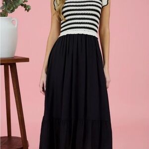 By the River Striped Black and White Midi Dress